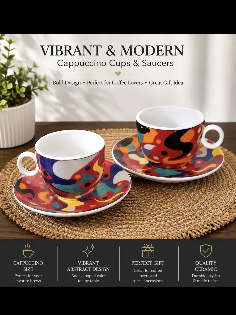 Vibrant Abstract Cappuccino CupSet of 2 BG Design Colorfs & Saucers - Multicolor